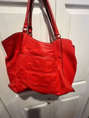Tory Burch Red Leather Logo Tote